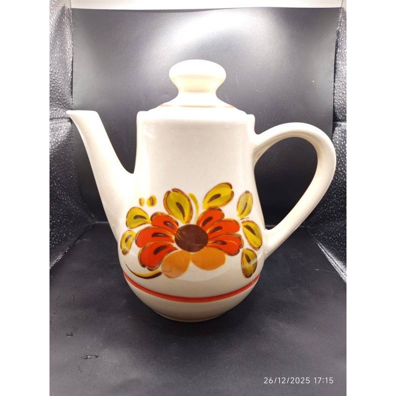 THéIèRE EN FAïENCE FRANçAISE, DéCOR FLEUR ORANGE / ANNéES 70